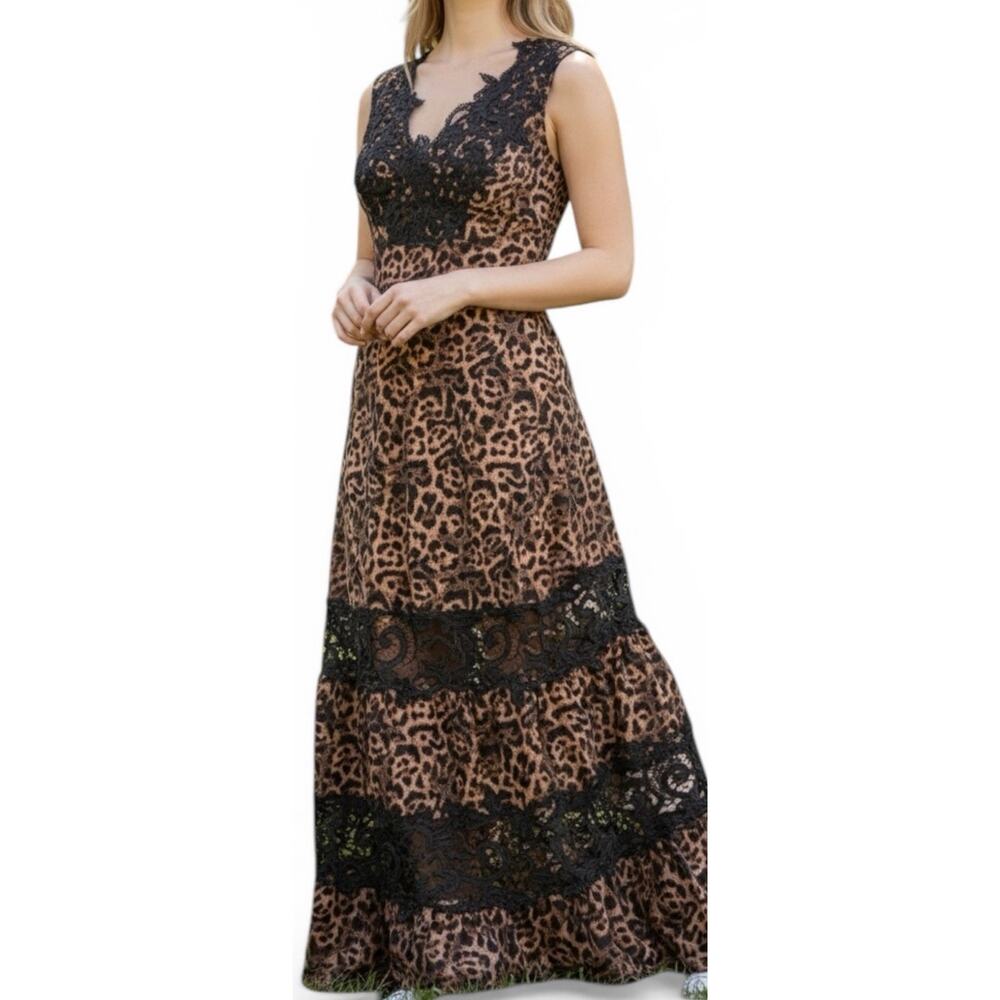 Venus Leopard Print Maxi Dress Lace Trim Boho Evening Party Resort Women 8
